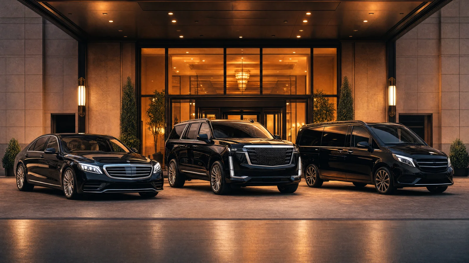 Three vehicles in formation at hotel forecourt