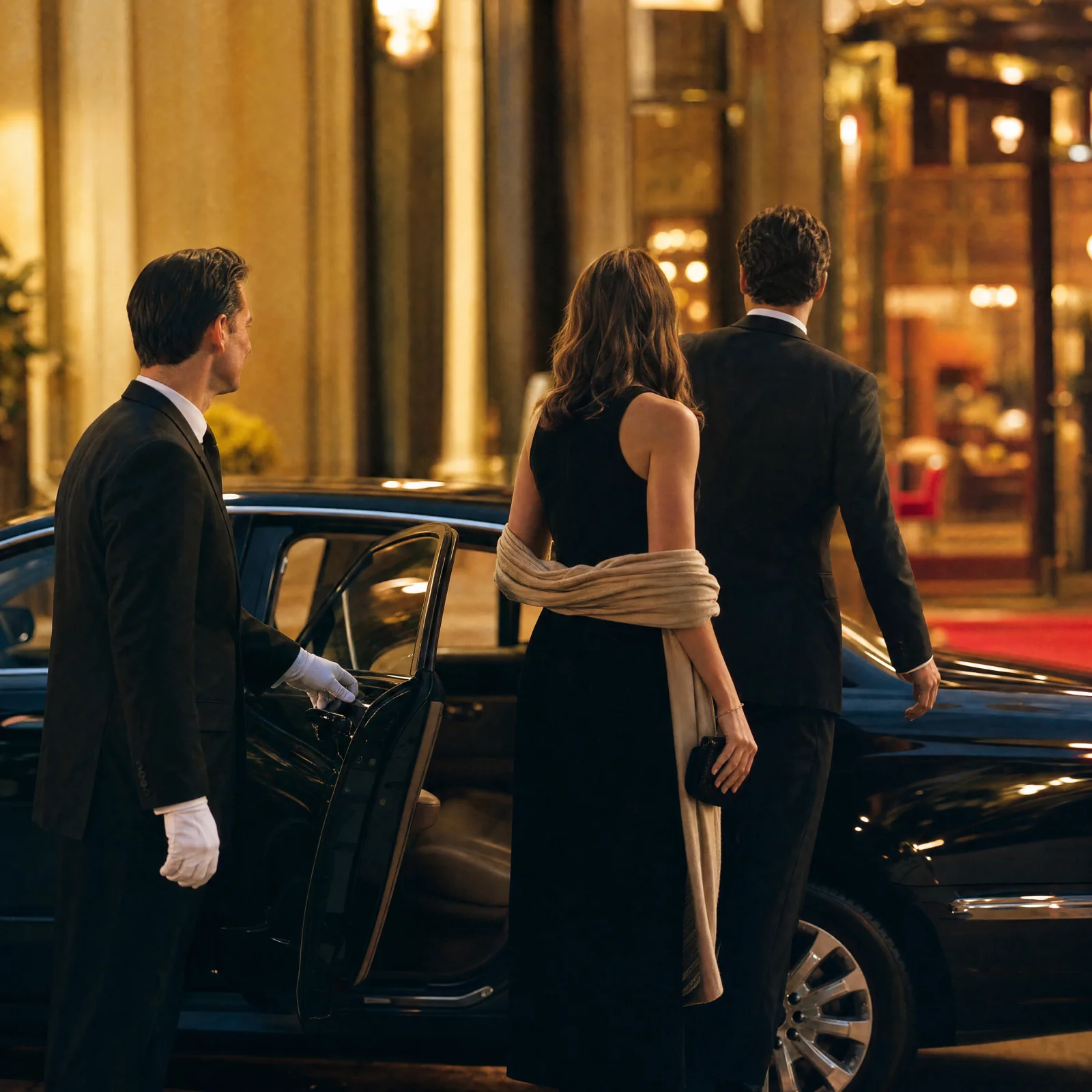 Chauffeur opens door at hotel arrival